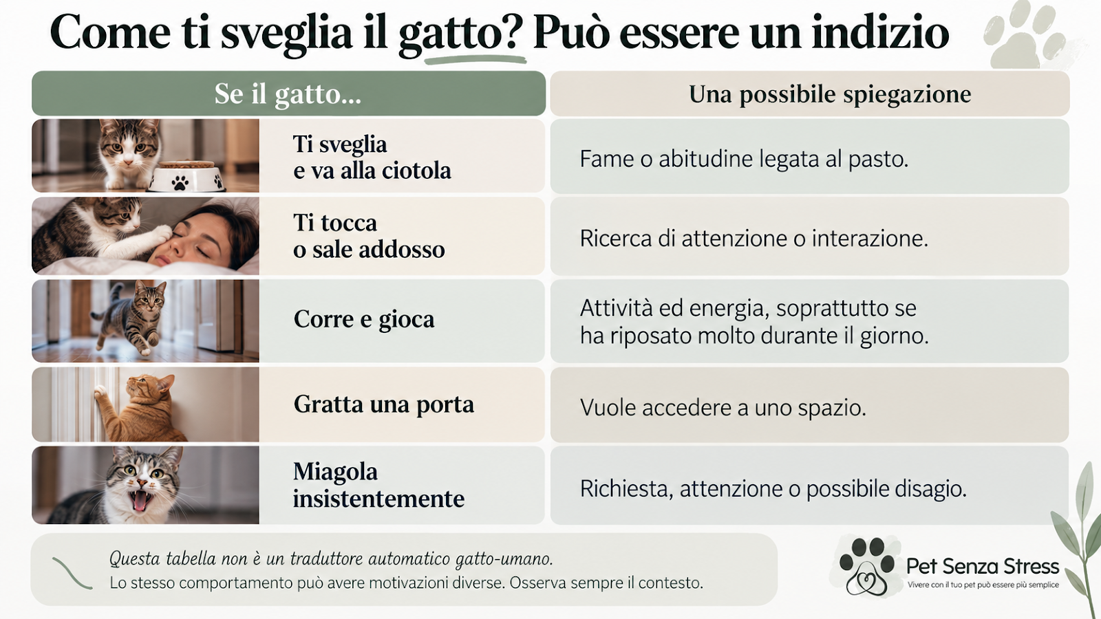 Come ti sveglia il gatto? I comportamenti da osservare Tabella con i comportamenti più comuni del gatto che sveglia il proprietario di notte e le possibili spiegazioni, dalla fame alla ricerca di attenzione.