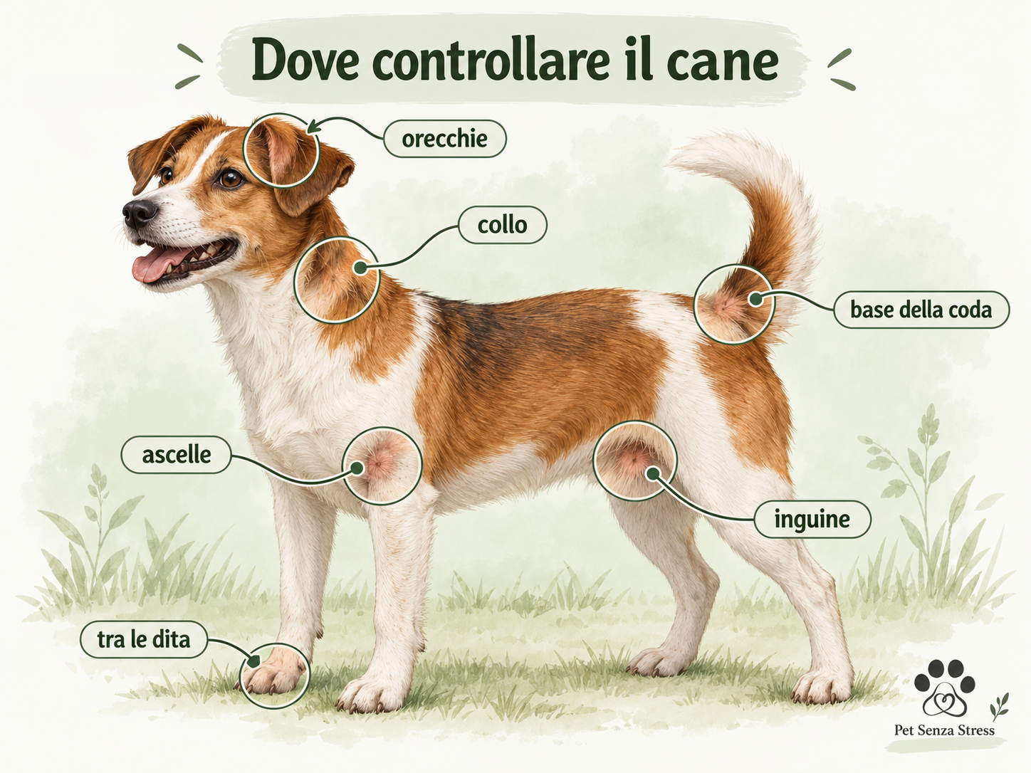 Dove controllare il cane per cercare le zecche Illustrazione realistica di un cane con evidenziate le zone dove è più probabile trovare zecche: orecchie, collo, ascelle, base della coda, inguine e tra le dita.