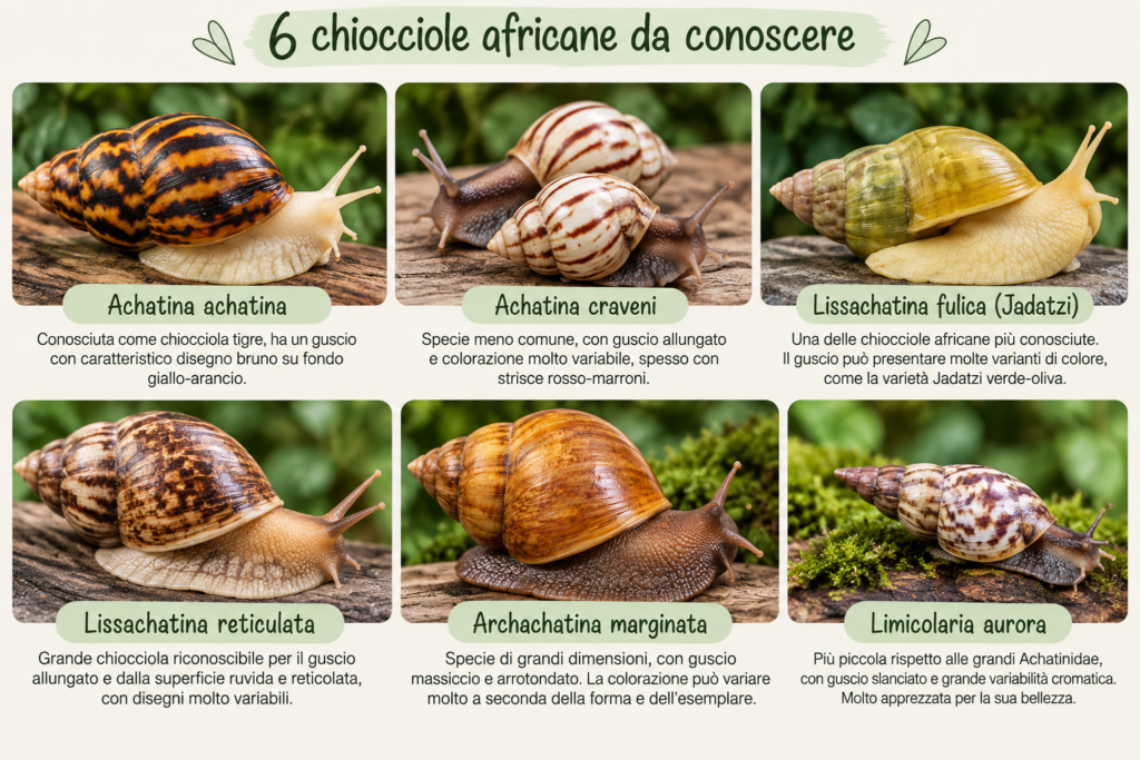 Confronto tra sei specie di chiocciole africane giganti: Achatina achatina, Achatina craveni, Lissachatina fulica, Lissachatina reticulata, Archachatina marginata e Limicolaria aurora