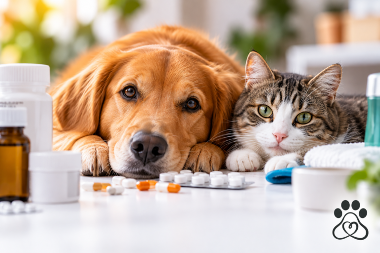 Cane e gatto accanto a confezioni di medicinali veterinari, con il logo Pet Senza Stress in basso a destra.
