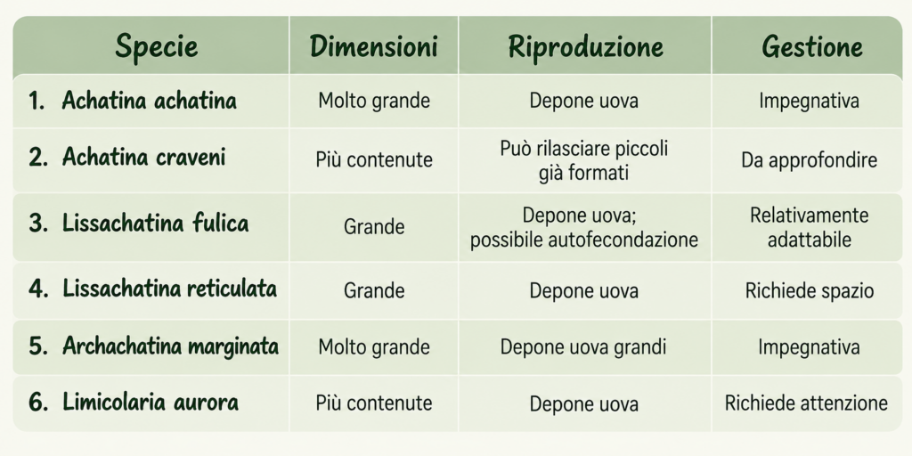 Tabella comparativa di 6 specie di chiocciole africane per dimensioni, riproduzione e gestione